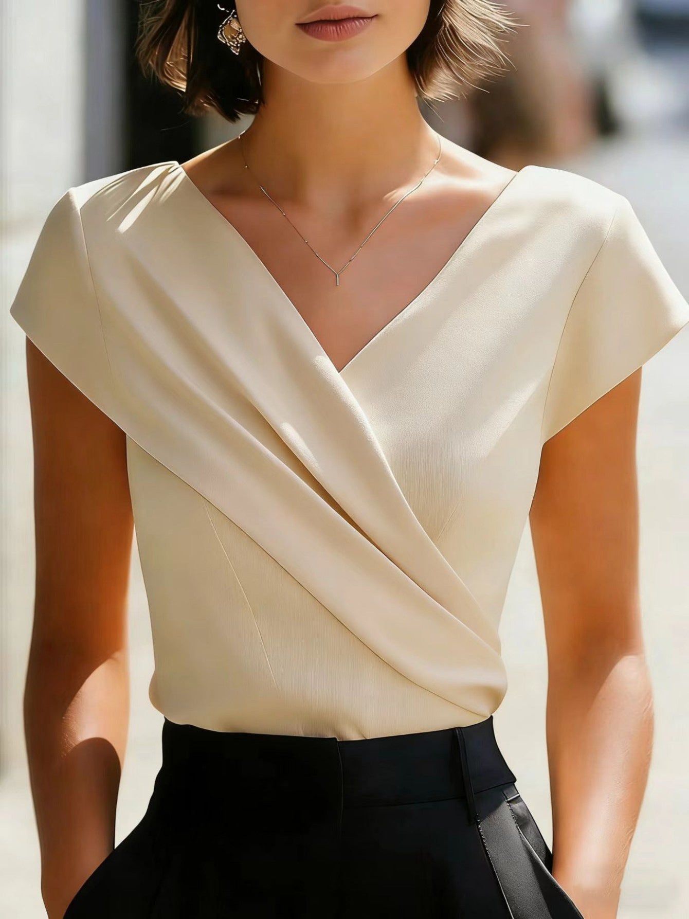Beige slim-fit V-neck t-shirt with short sleeves and diagonal wrap front