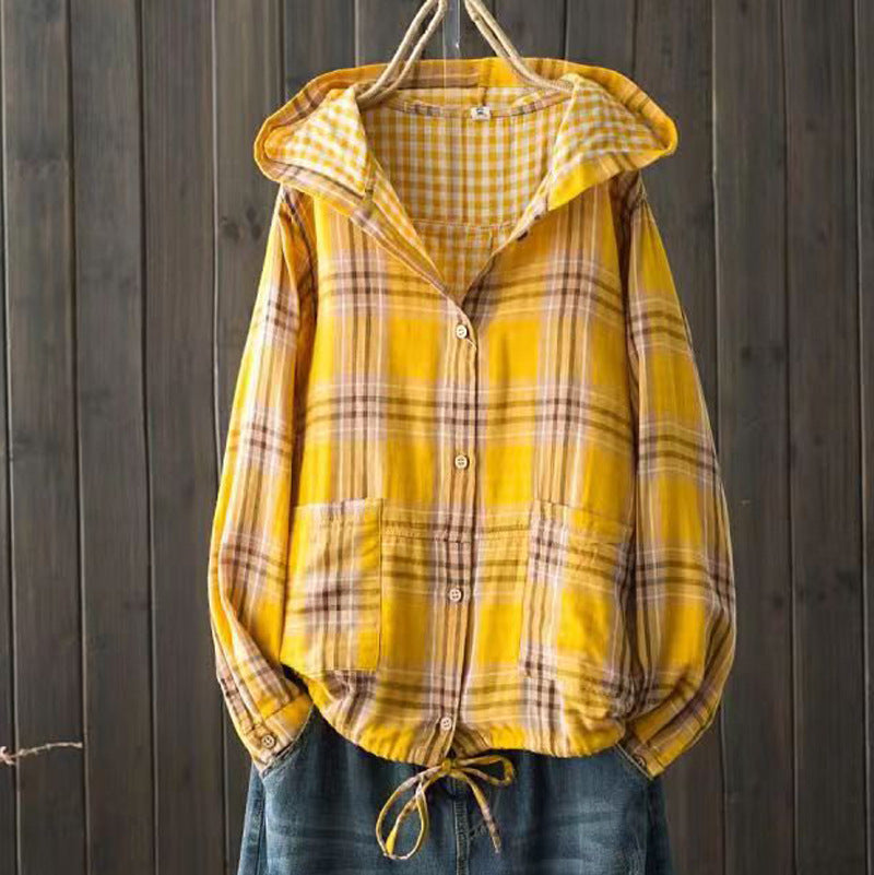 Yellow plaid hooded overshirt with button front and front pocket