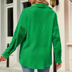 Women's Solid Color V-Neck Long Sleeve Blouse - Textured Button-Up Shirt, Casual & Minimalist Top For Spring&Fall