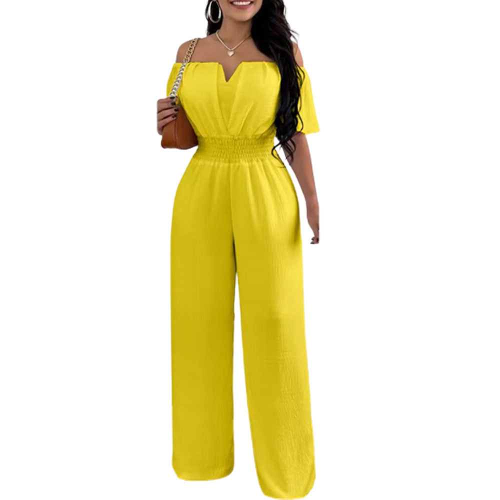 Women's yellow off-neck smocked waist jumpsuit with wide straight-leg pants