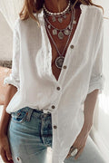 Relaxed V-neck long sleeve button-front top, ivory