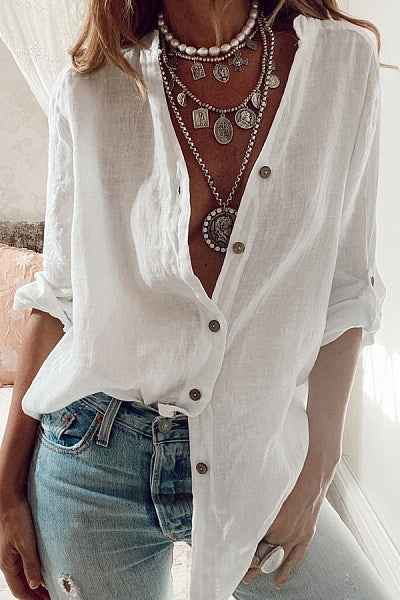 Relaxed V-neck long sleeve button-front top, ivory