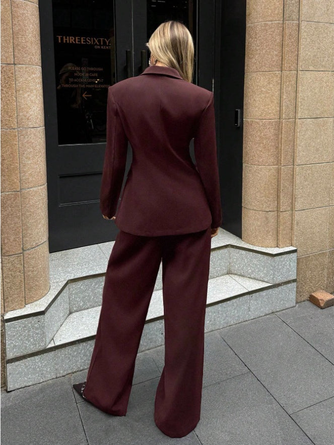Aloruh Women's Notched Collar Jacket And Pants Commuting Daily Basic Business Suit Set