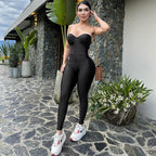 Black strapless tube top jumpsuit with sweetheart neckline, fitted long legs