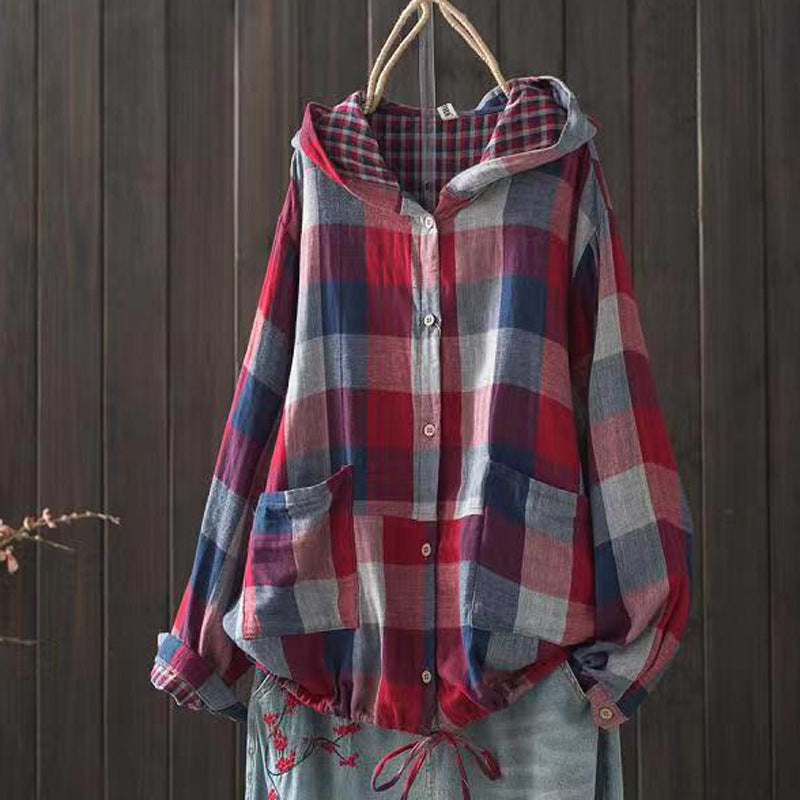 Red, blue, and gray plaid hooded cotton-linen overshirt with snap front and side pockets
