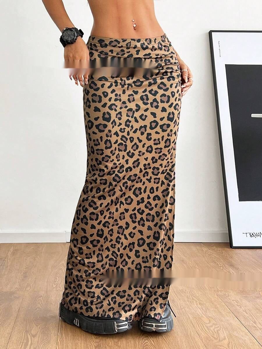 Leopard-print maxi pleated dress with side slit, tan and dark brown