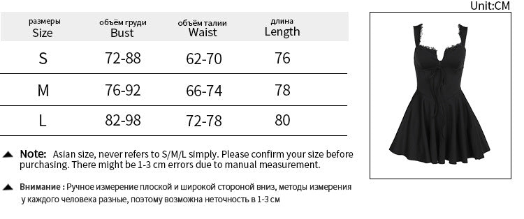 Size chart for corset-style mini dress with bust, waist, and length measurements
