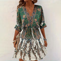Women's Vintage Floral Butterfly Print Dress - Batwing Sleeve, Deep V-Neck & Ruffle Waist With Tie Detail