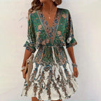 Women's Vintage Floral Butterfly Print Dress - Batwing Sleeve, Deep V-Neck & Ruffle Waist With Tie Detail