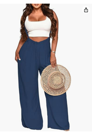 Women's sleeveless jumpsuit with square neckline crop top and wide navy pants