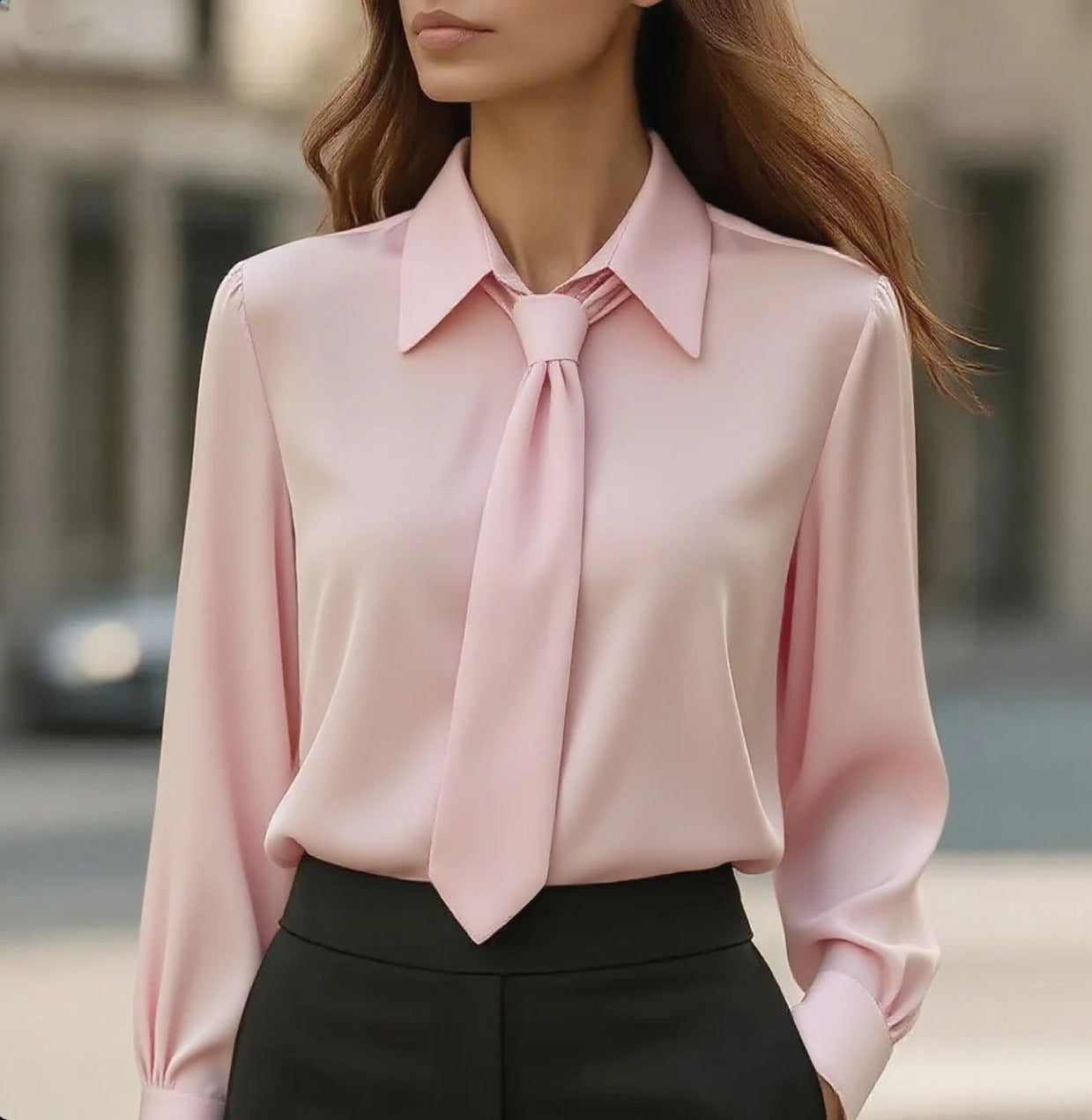 Pink long-sleeve tie-front shirt with point collar and neck tie detail