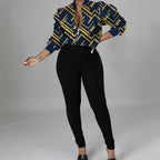 Women's V-neck Zipper Trendy Digital Print Long Sleeved Sweatshirt Jacket Long Pants Set