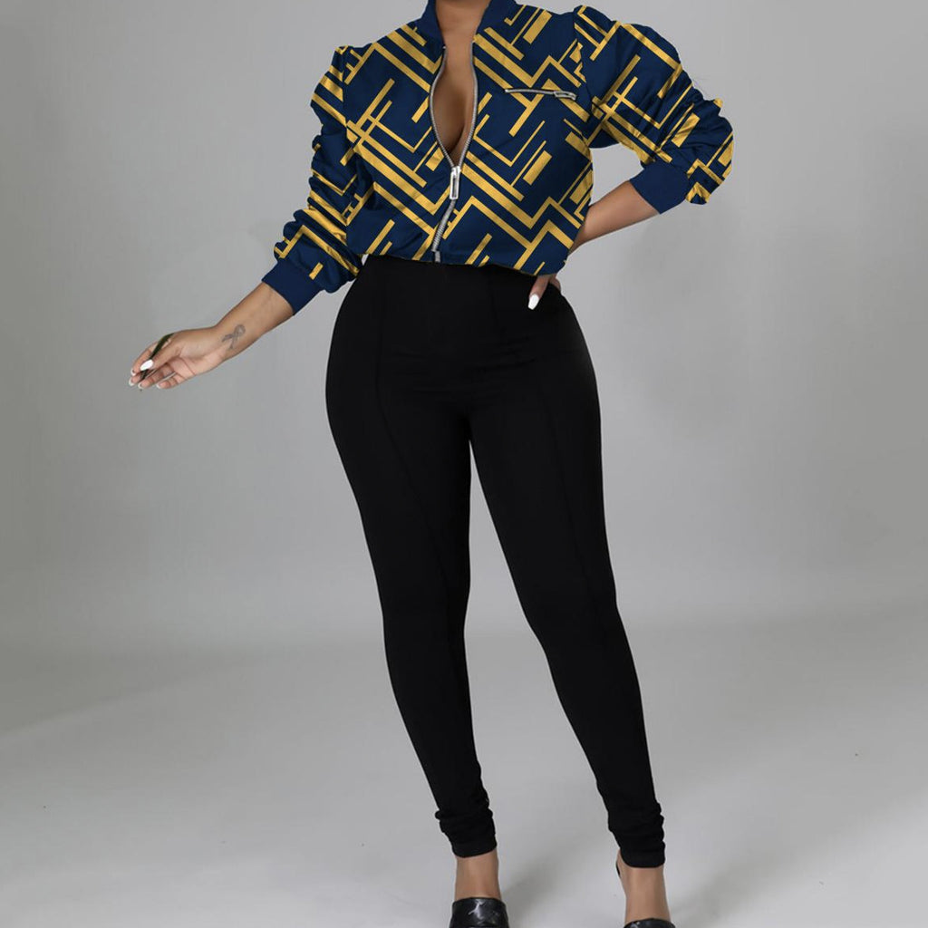 Women's V-neck Zipper Trendy Digital Print Long Sleeved Sweatshirt Jacket Long Pants Set