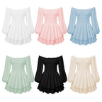 Off-shoulder ruffle jumpsuit color options: white, pink, blue, black, green, apricot