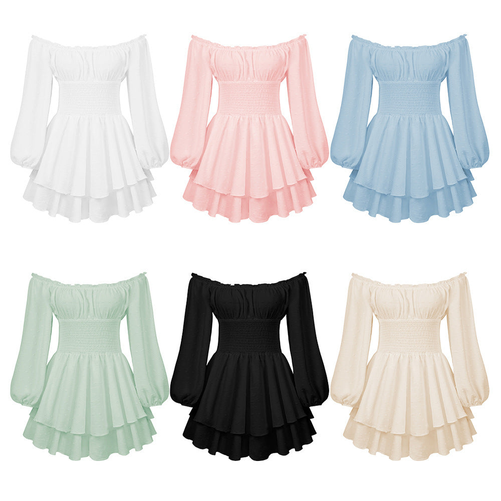 Off-shoulder ruffle jumpsuit color options: white, pink, blue, black, green, apricot
