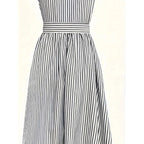 Women's Summer One Shoulder Striped Midi Dress Elegant Tie Waist Bodycon Dresses With Pockets