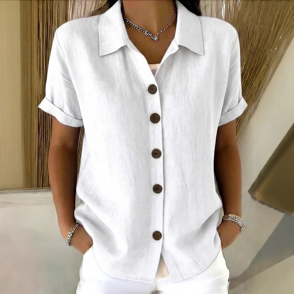 Button-down short-sleeve shirt in white with button front and point collar