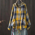 Yellow and navy plaid hooded cotton-linen overshirt with snap front and drawstring hem