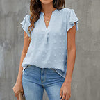Women's Summer V Neck Ruffle Short Sleeve Blouse Business Office Casual Top Shirts