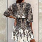 Women's Vintage Floral Butterfly Print Dress - Batwing Sleeve, Deep V-Neck & Ruffle Waist With Tie Detail