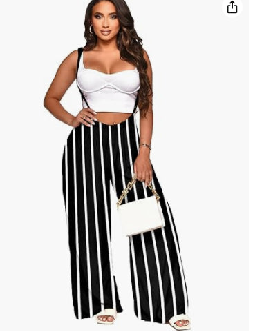 Women's sleeveless jumpsuit with white bodice and black striped wide-leg pants