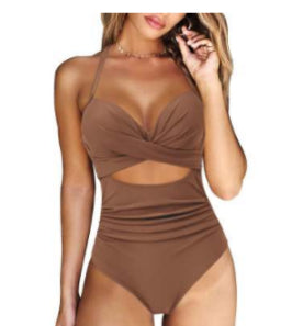 Brown one-piece swimsuit with cross front and midriff cutout