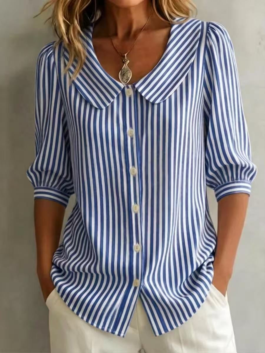 Blue-and-white striped V-neck button top with pointed collar and 3/4  roll sleeves