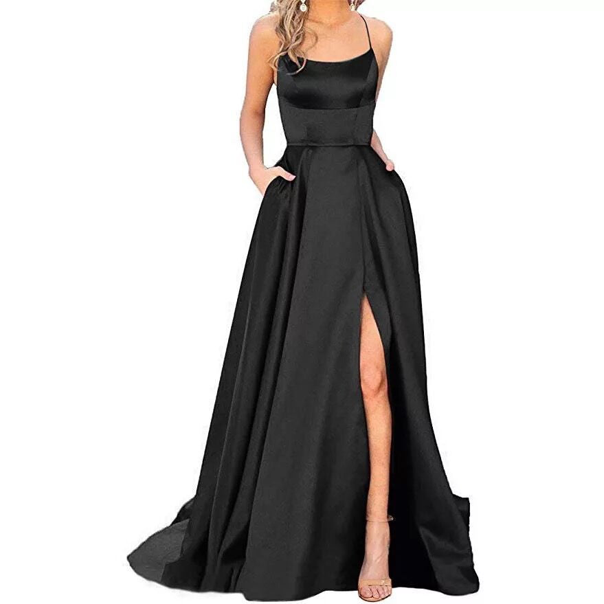Black sleeveless maxi dress with square neckline, fitted bodice, and front slit