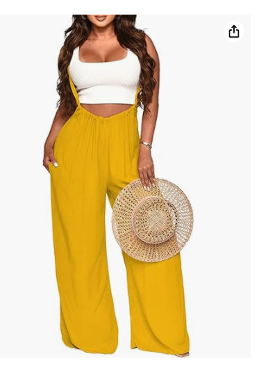 Women’s sleeveless jumpsuit in mustard yellow with wide legs and elastic waist