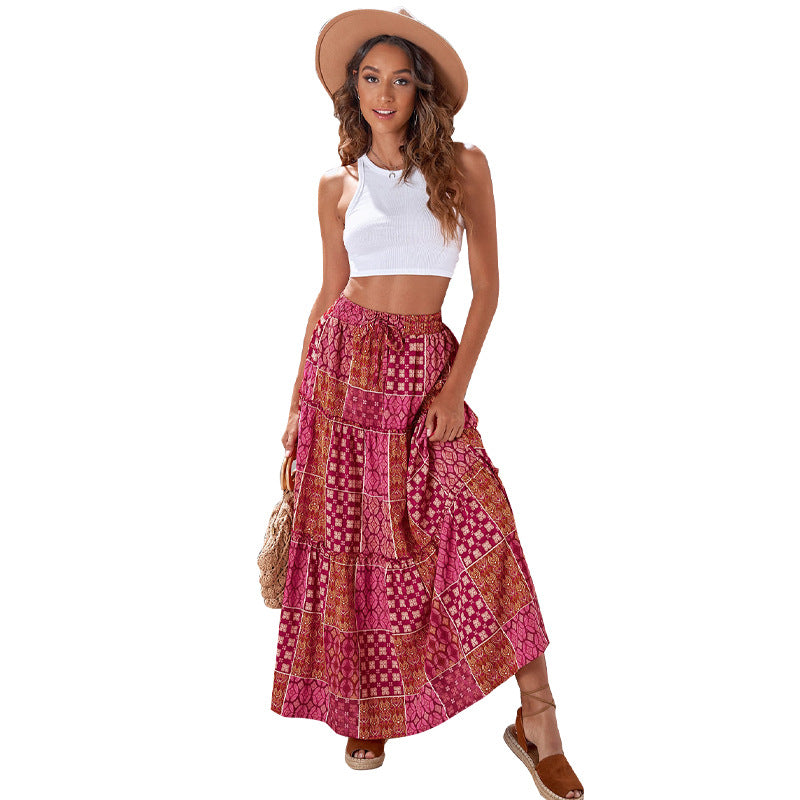 Women’s high-waist tiered maxi skirt, magenta patchwork print