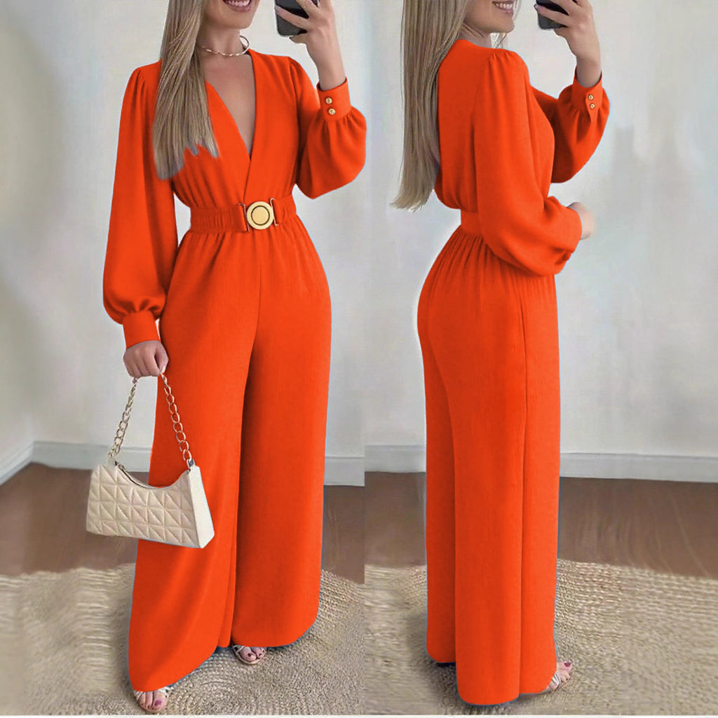 Orange deep V-neck slim-fit jumpsuit with long sleeves and waist belt