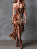 Brown printed V-neck maxi dress with ruched bust, high-low ruffle hem, sleeveless design