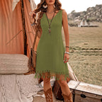 Women's Elegant Solid Color Boho Dress - V-Neck Fringe Detail Sleeveless Summer Dress
