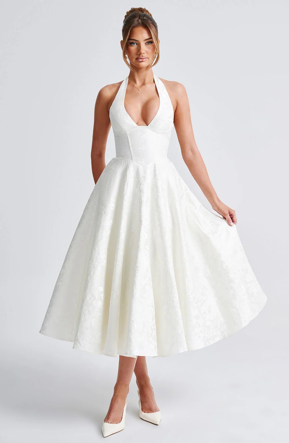 White V-neck halter sleeveless long dress with jacquard pattern and flared skirt