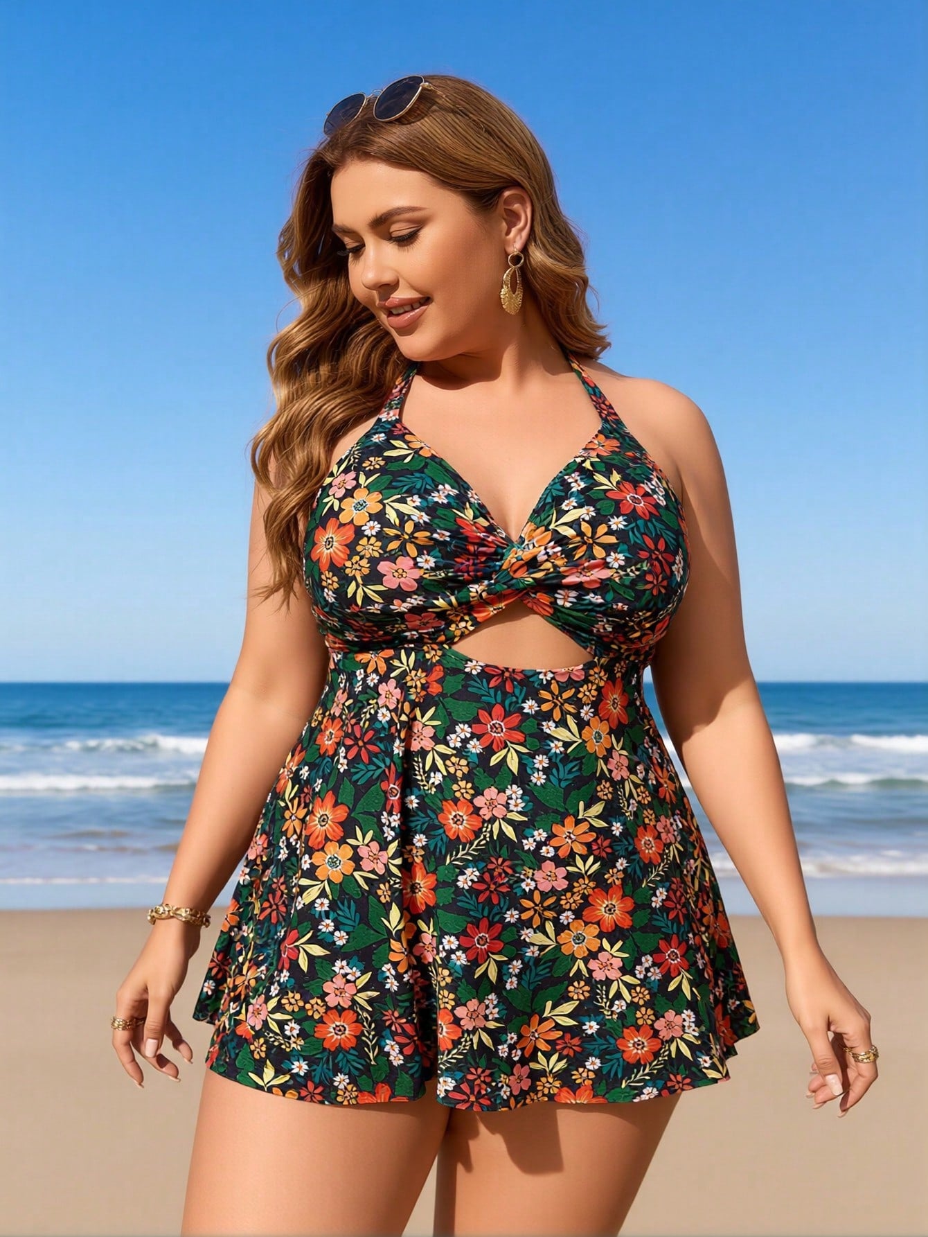 Floral halter swimdress with twist bodice and pleated skirt, multicolor on dark green
