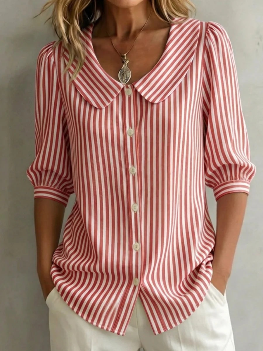 Red-and-white striped V-neck button top with pointed collar and cuffed 3/4 sleeves