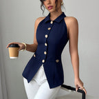 Women's Elegant Solid Sleeveless Vest - Button Front Lapel Top, Slim Fit Camisole For Spring&Summer
