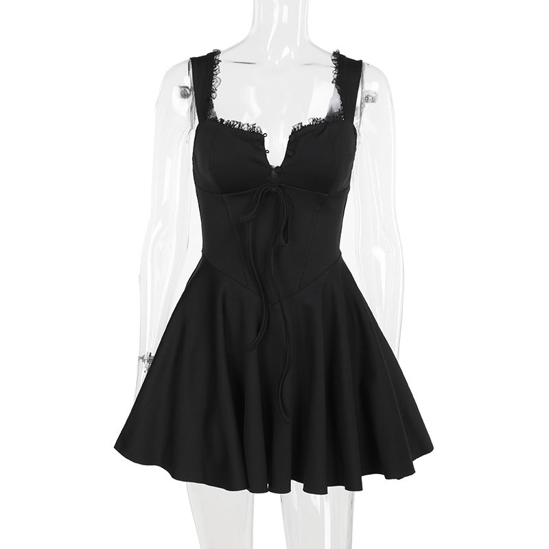 Black corset-style mini dress with sweetheart neckline, lace-trim straps, and flared skirt