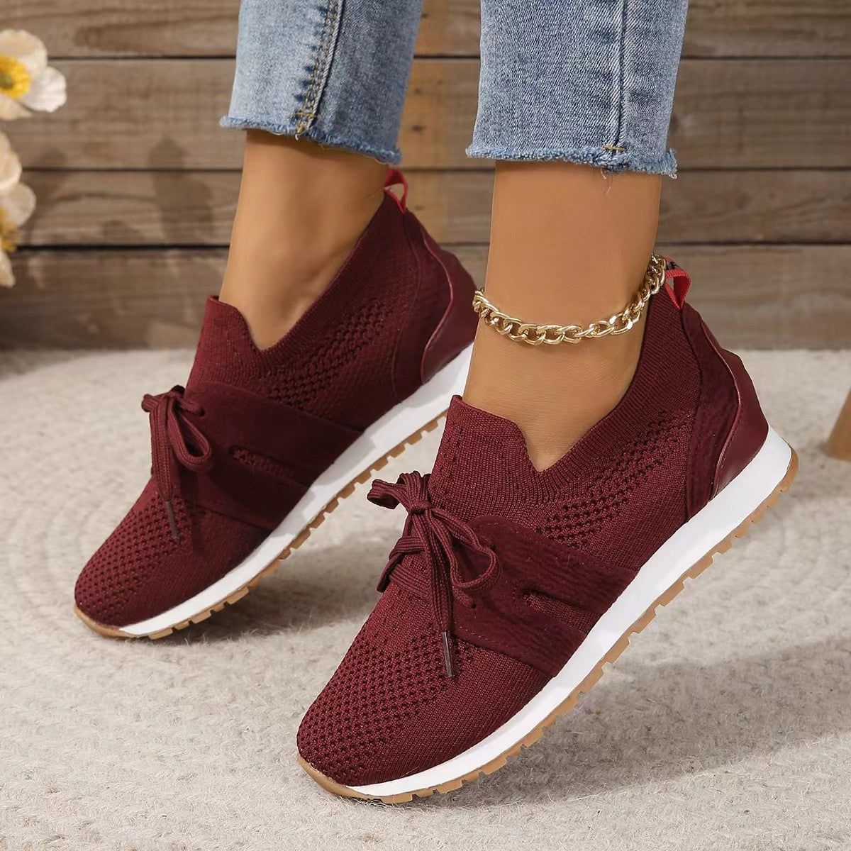 Red breathable mesh wedge walking shoes with lace-up bow and white rubber sole