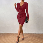 Elegant Women's Solid Color V-Neck Bodycon Dress - Long Sleeve Slim Fit Party Dress For Fall&Spring