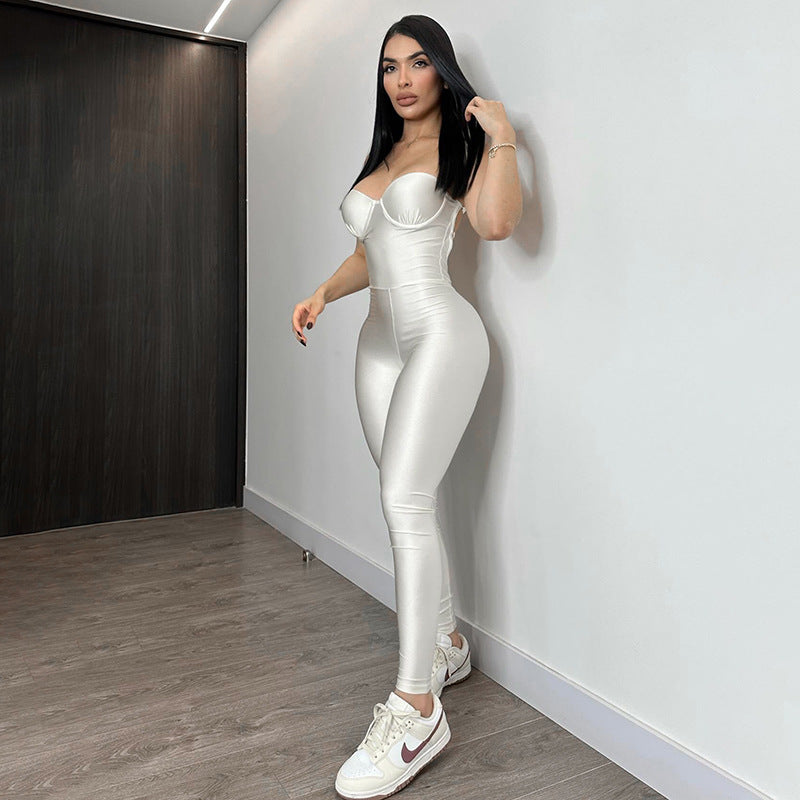 White strapless tube top jumpsuit with sweetheart neckline, fitted long legs