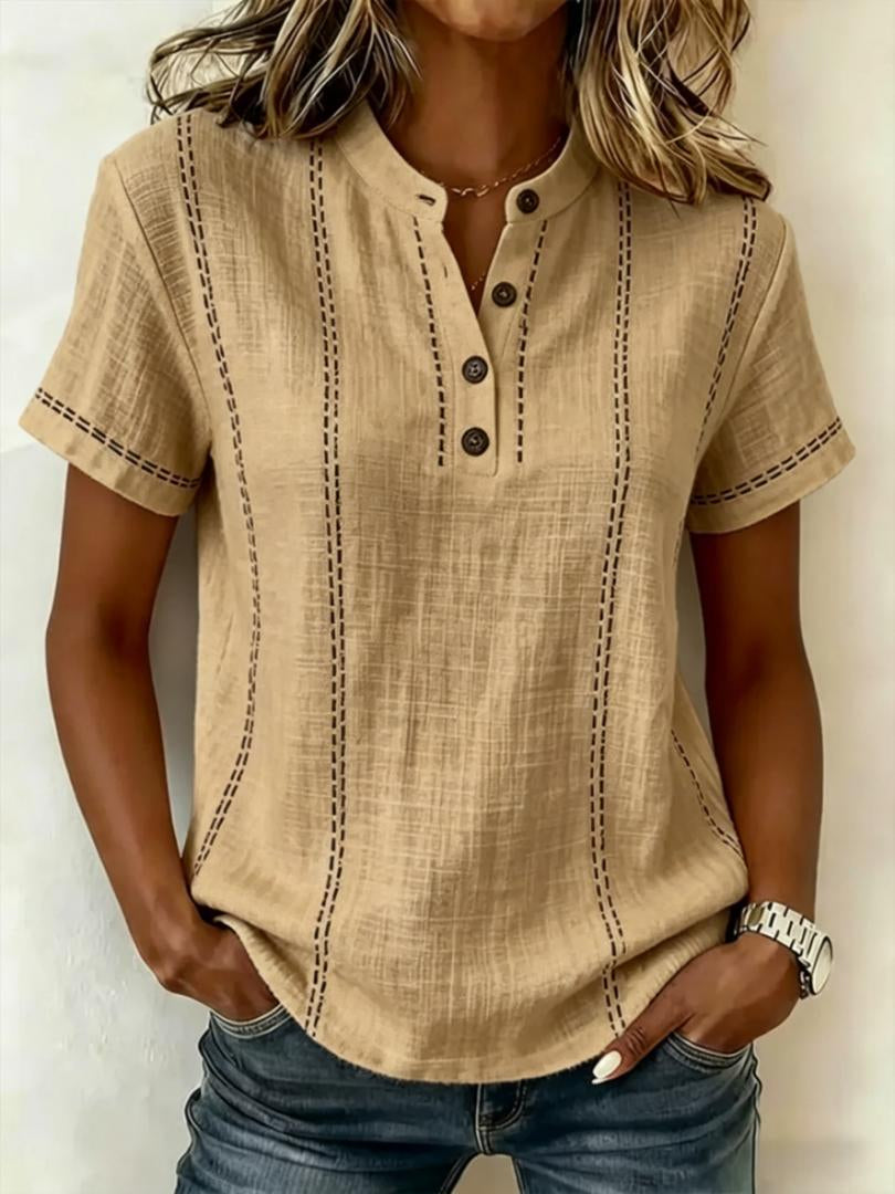 Summer Striped Short-Sleeve Shirts Casual Stand-Collar V-neck Button Blouse Womens Clothing(New)