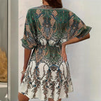Women's Vintage Floral Butterfly Print Dress - Batwing Sleeve, Deep V-Neck & Ruffle Waist With Tie Detail