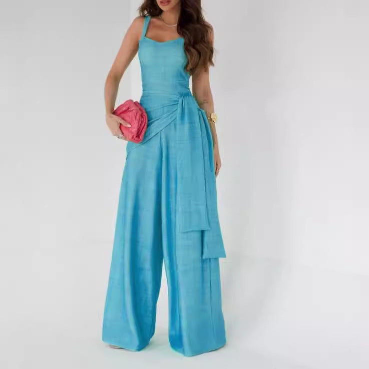 Women’s suspender-style wide-leg pants in light blue with spaghetti straps and cargo pockets