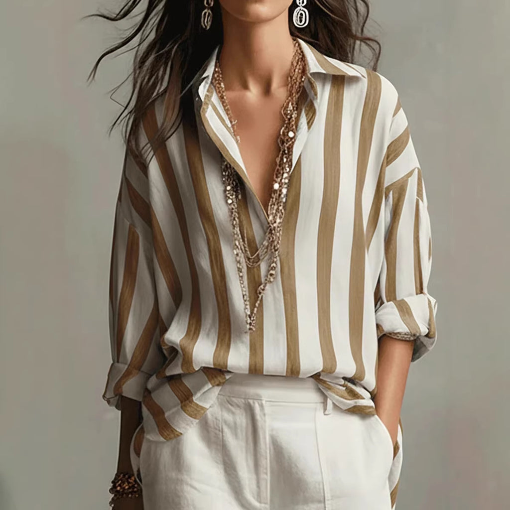 Relaxed-fit collared blouse with vertical striped print, light base and dark brown stripes
