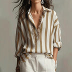 Relaxed-fit collared blouse with vertical striped print, light base and dark brown stripes