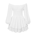 White off-shoulder ruffle jumpsuit flat lay with smocked bodice and tiered skirt
