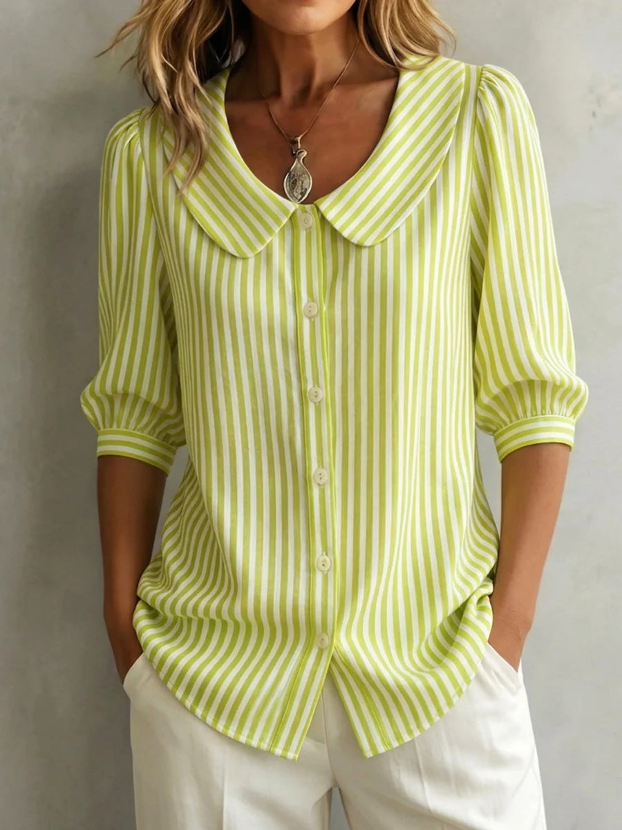 Lime green-and-white striped V-neck button top with pointed collar and 3/4 sleeves
