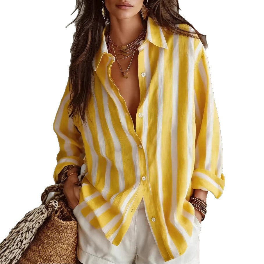 Striped oversized button-up shirt in yellow and white, long sleeves, button placket