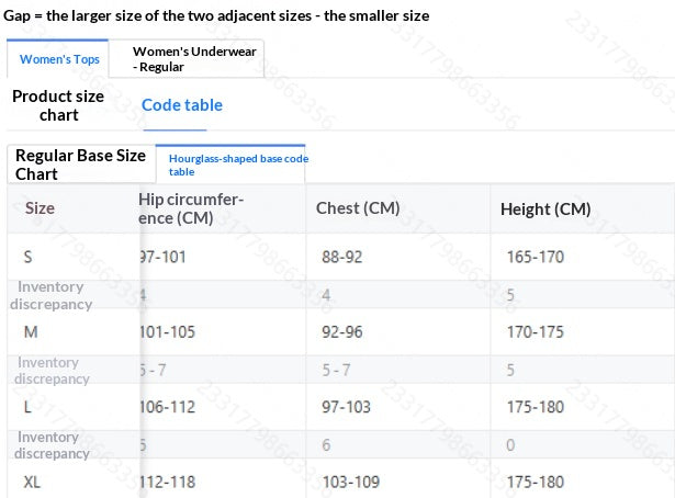 Women’s underwear regular size chart table with code base and size ranges